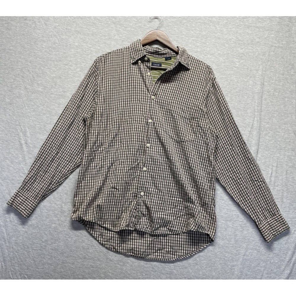 Izod Shirt Men Medium Multicolor Gingham Plaid Cotton Pleated Button Down Casual